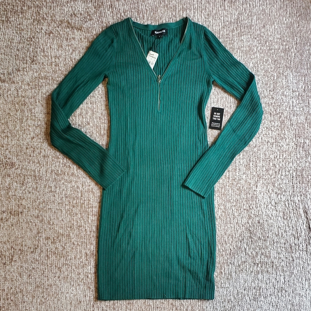 Express Zip V-Neck Ribbed Bodycon Sweater Dress